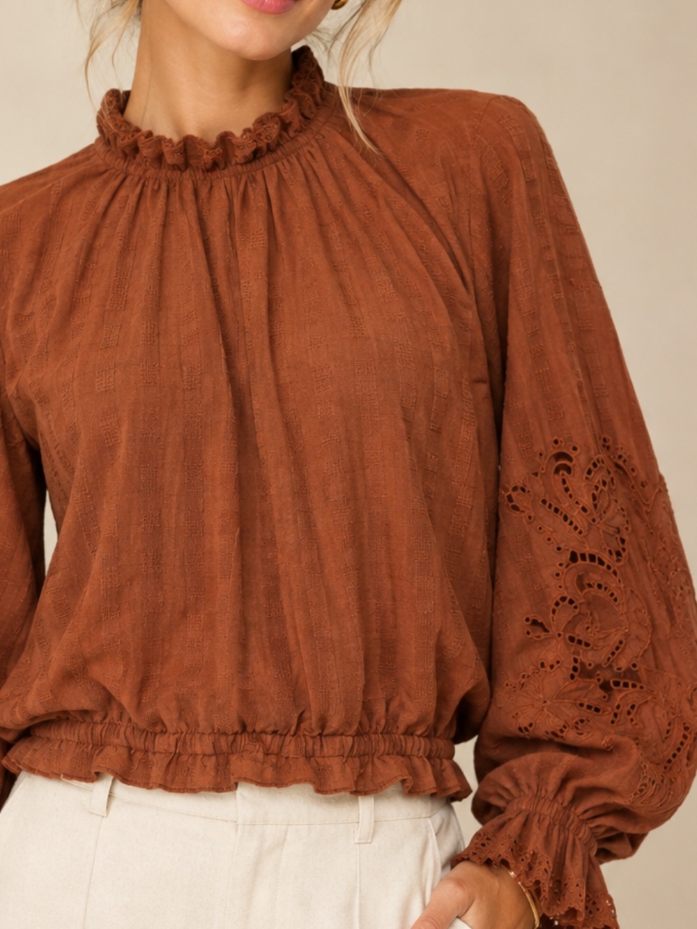 Anthropologie Pilcro Rust Brown Eyelet Peasant Blouse Size XL Boho, Cottagecore